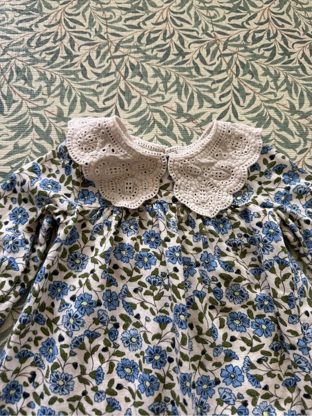 Zara White Dress with Blue Floral Print and Eyelet Collar